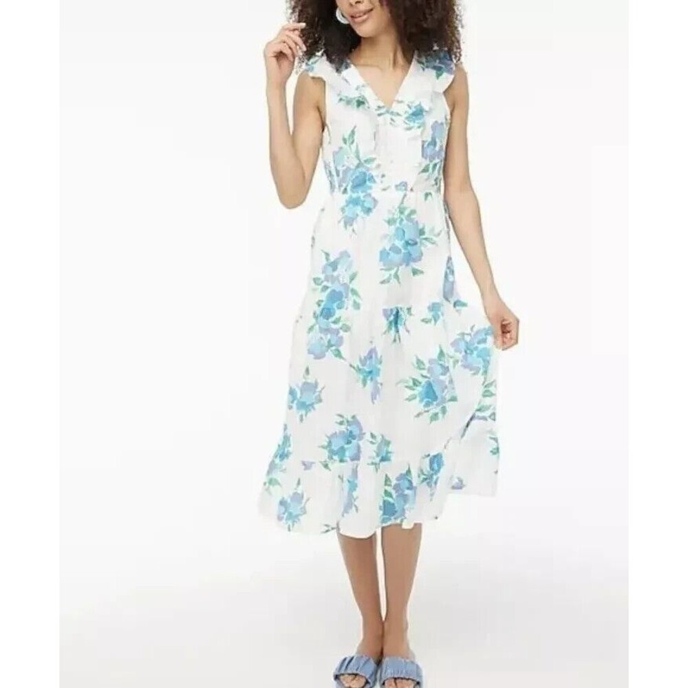 J Crew White Blue Floral‎ V-Neck Tiered Ruffle Midi CottageCore Dress- Size 00